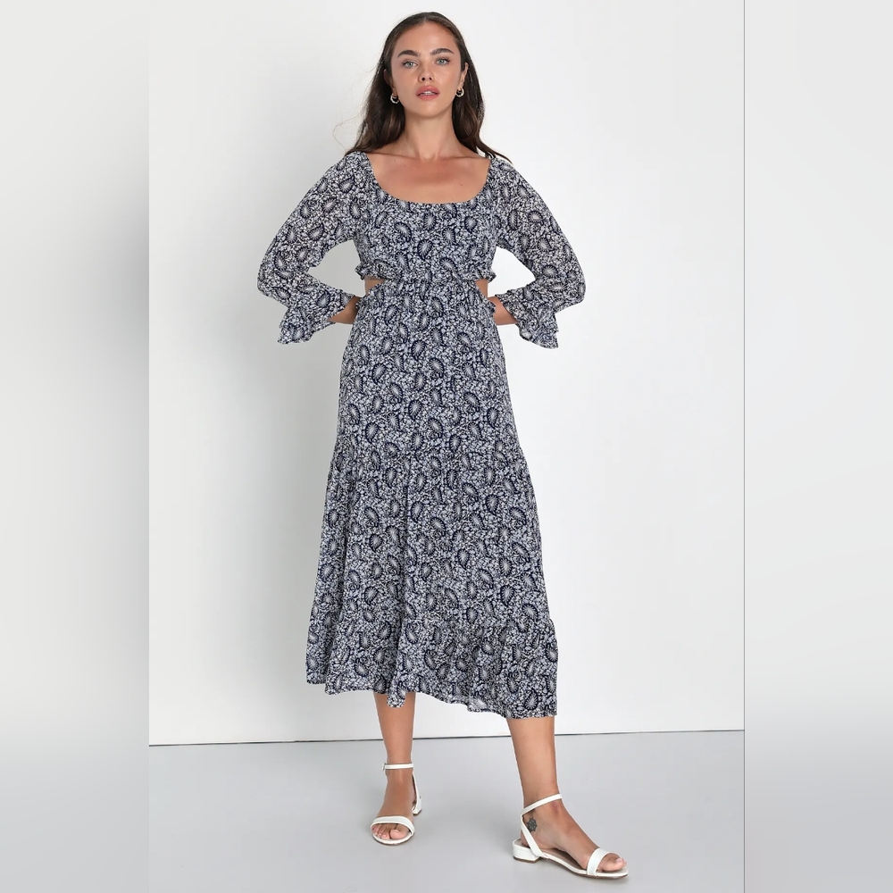 Lulus Blissful Sweetie Navy Blue Paisley Tiered Cutout Midi Dress